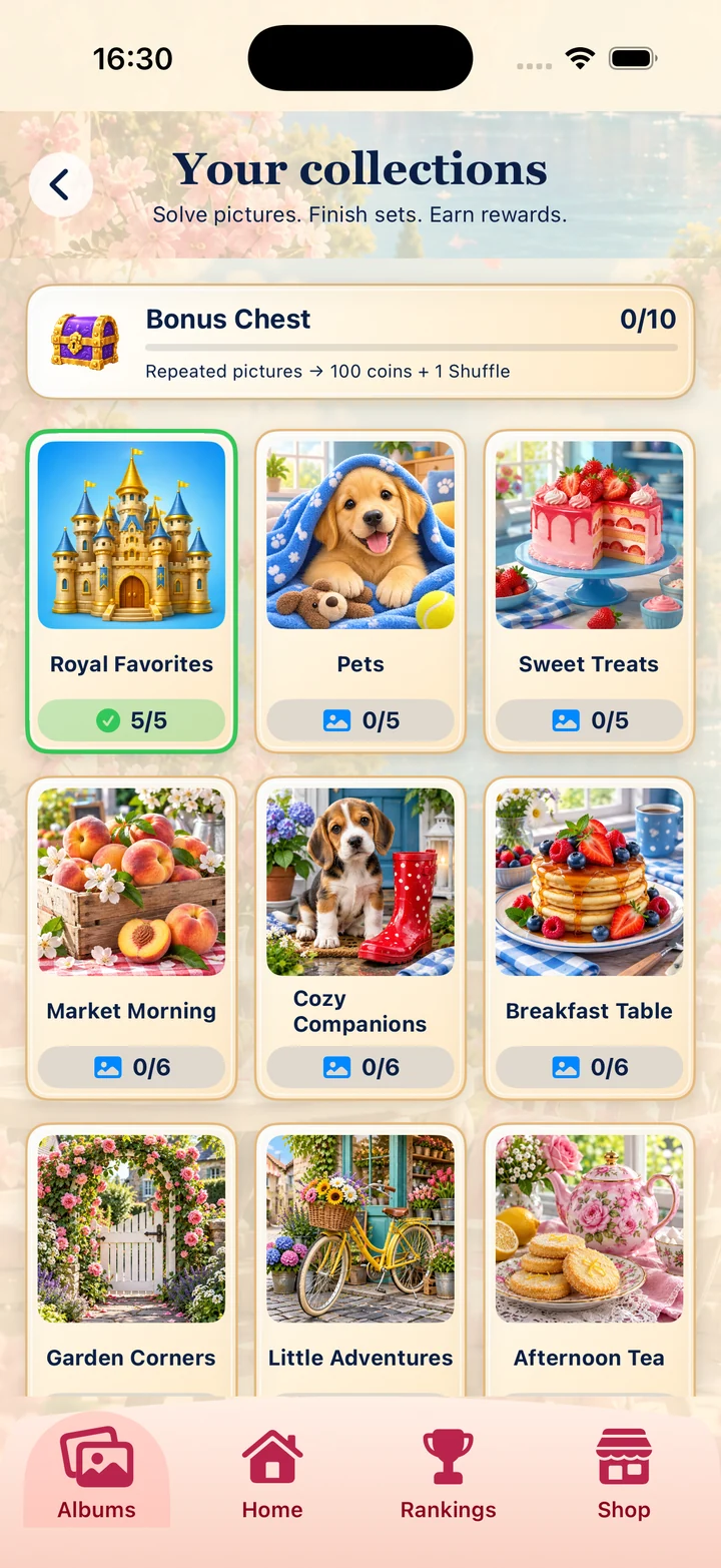 Your collections screen showing album covers and picture collection progress.