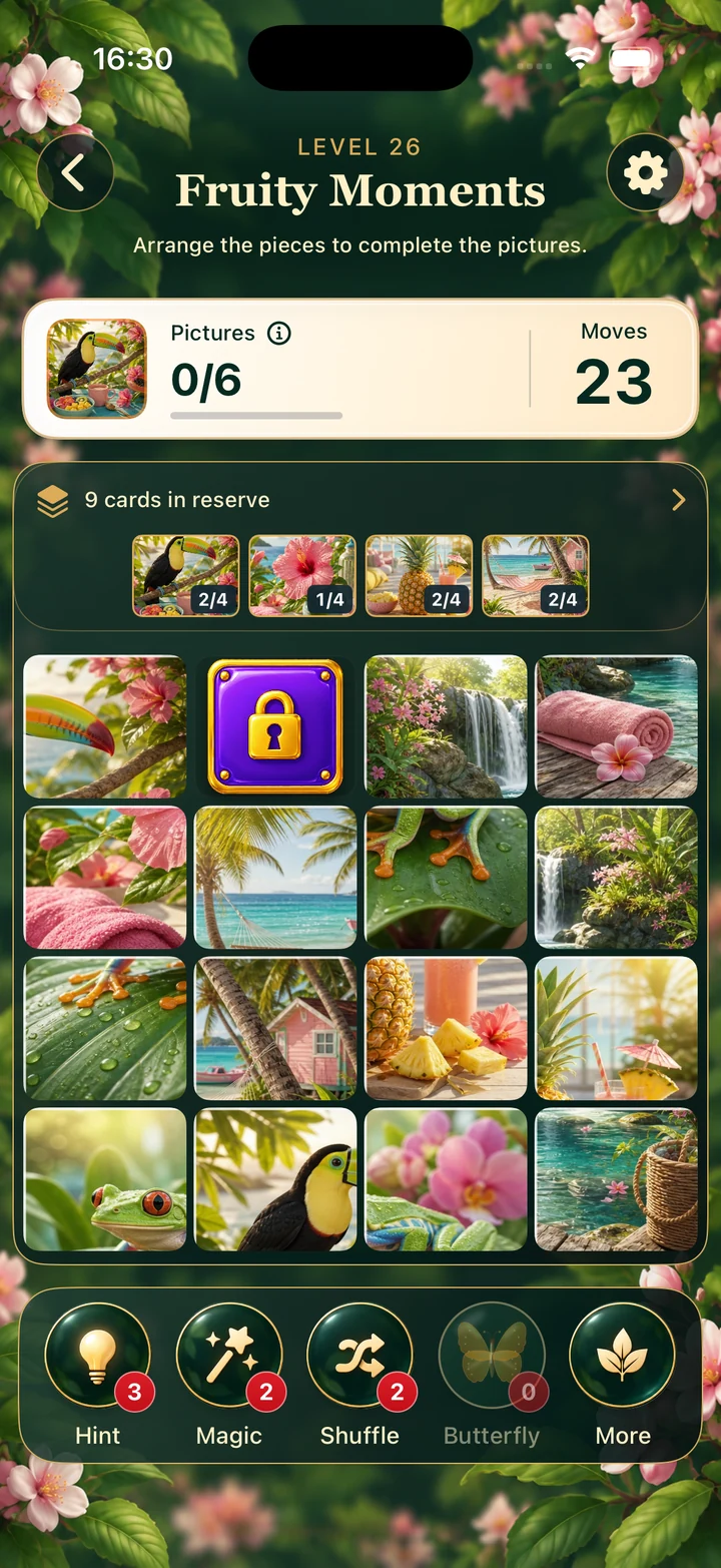 Botanical gameplay: a board of picture pieces, a sealed case, reserve thumbnails, moves, and four boosters.