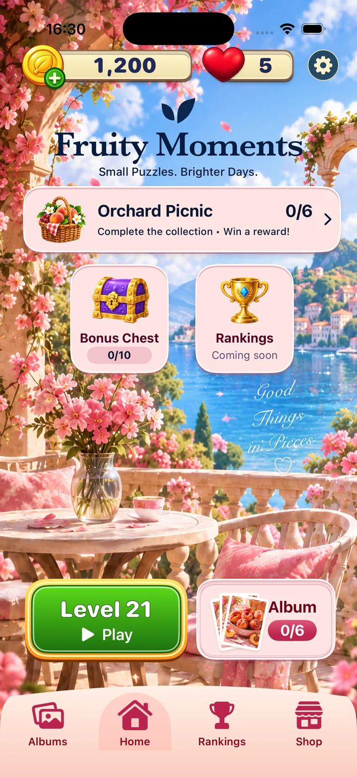 Fresh Blue home screen, with coins, lives, collection progress, Play and Album buttons.