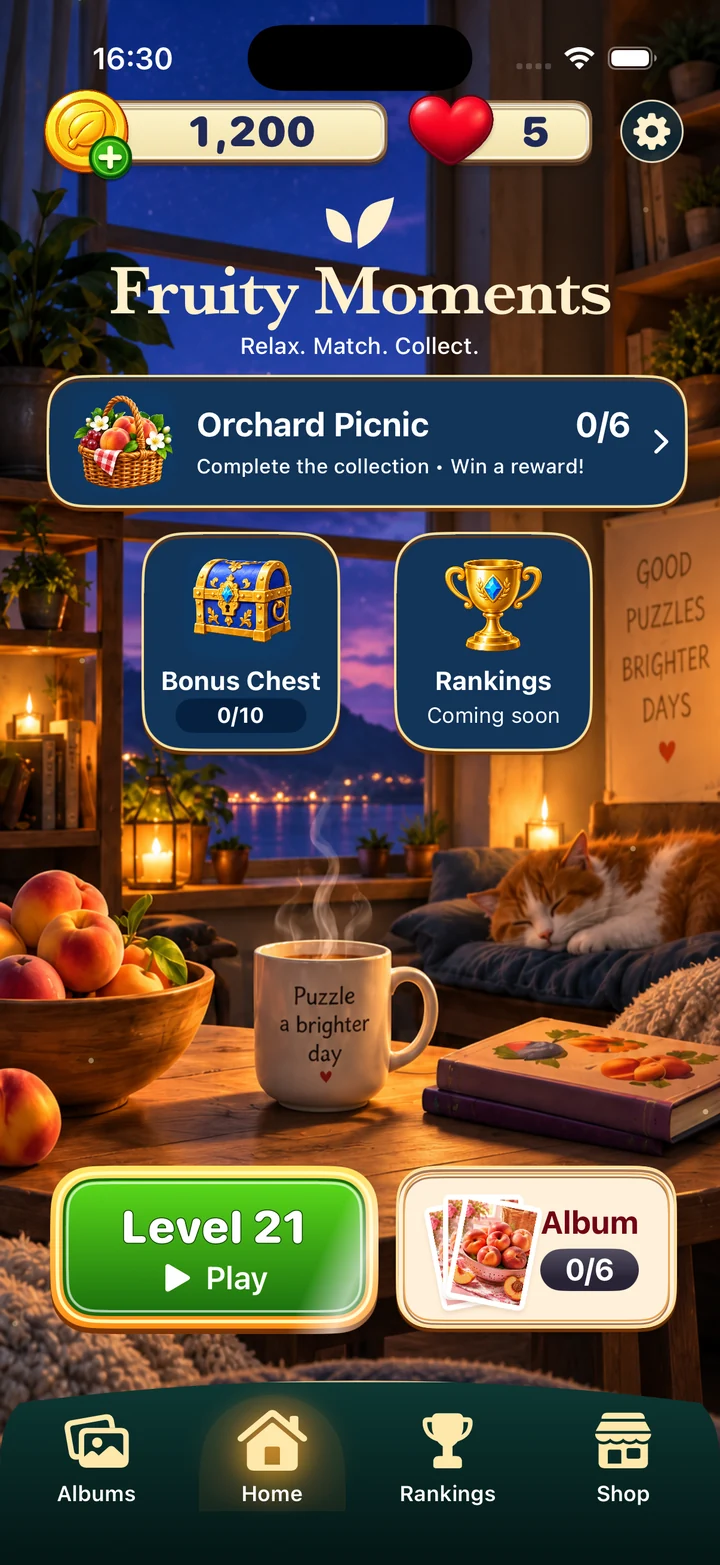 Botanical home screen, with coins, lives, collection progress, Play and Album buttons.