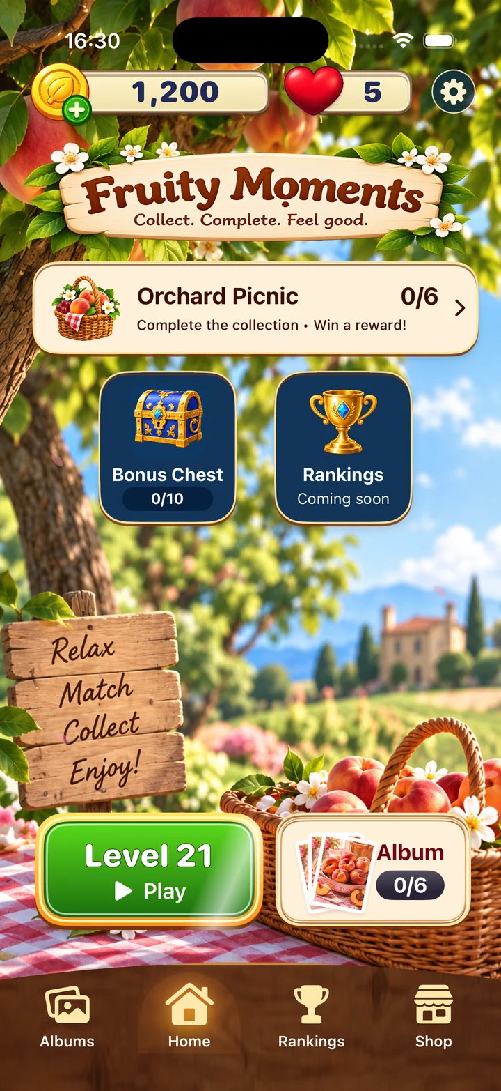 Warm Wood home screen, with coins, lives, collection progress, Play and Album buttons.
