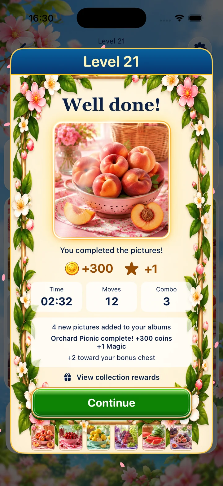 A level completion card with a collected picture and Continue button.