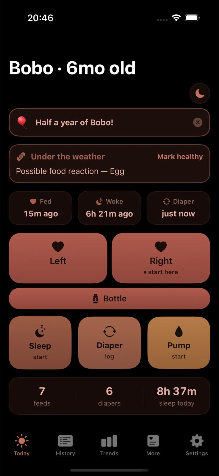 The same Today screen in night mode: warm, dim colours on a near-black background, showing seven feeds, six diapers and 8 hours 37 minutes of sleep today.
